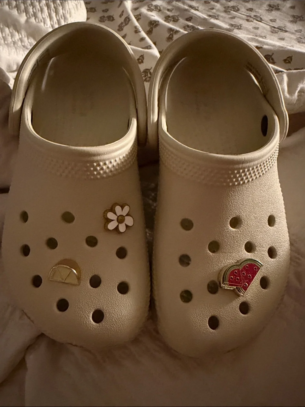 CROCS Kids Cream Clogs with Colorful Charms